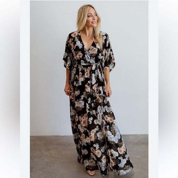 Baltic Born XXL Kia Black Blue Blush Pink Floral Kimono Maxi Dress - Picture 1 of 14